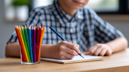 Boy Writes in Notebook with Colored Pencil at Desk for School Work