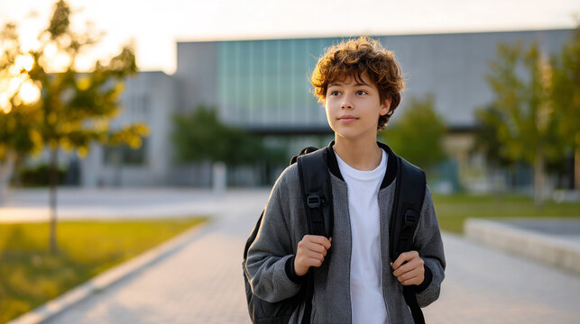 Teenage Boy with Backpack outside School Building on Sunny Day - Powered by Adobe
