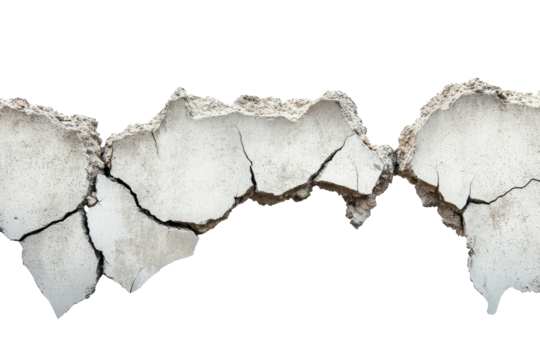 Cracked concrete floor element showcasing detailed fissures against a plain background for structural and material analysis