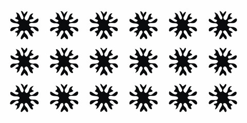A repeating pattern of abstract black snowflake like shapes on a white background