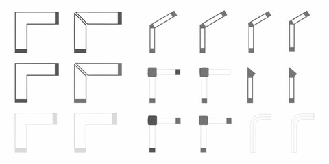 Collection of l shaped corner elements and angled connectors in various styles and colors for design and construction