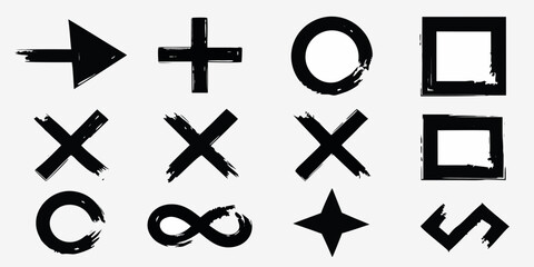 Collection of hand drawn black graphic symbols including an arrow plus sign circle squares crosses infinity symbol and star
