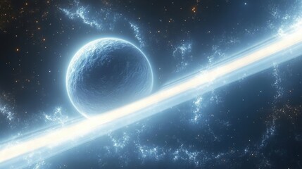 Obraz premium Glowing blue planet with textured surface illuminated by bright light beams in deep space with surrounding stars and nebulas