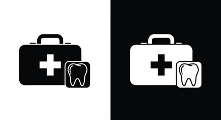 A black and white icon set featuring a first aid kit alongside a tooth symbol, representing dental emergency care.