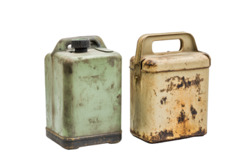 Motor oil canisters in varying conditions isolated on a white background showcasing distinct wear and tear for automotive use