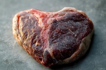 Fototapeta premium Close-up view of a raw marbled piece of steak on a gray surface showing texture and deep red color
