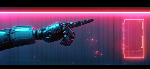 futuristic robotic arm illuminated by neon pink and blue lighting pointing to a glowing digital interface panel in a dark high-tech environment