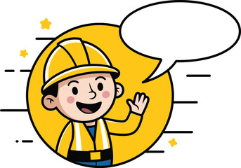 Cartoon construction worker kid, cute builder boy illustration, hard hat safety, speech bubble quote, children's education, engineering character vector.