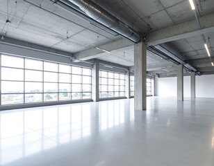 Obraz premium Modern Industrial Warehouse Interior with Large Windows and Polished Floor.