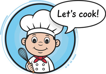 Cartoon young chef illustration, cute boy in chef hat, speech bubble template, culinary character, food concept, kid cooking clipart.