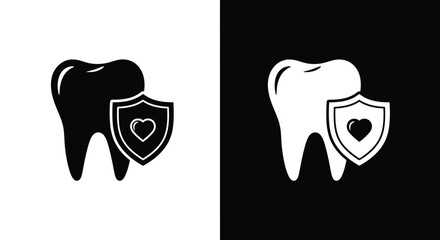 Black and white vector icons of a tooth with a protective shield and heart.