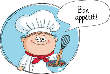 Cartoon young chef illustration, cute boy in chef hat, speech bubble template, culinary character, food concept, kid cooking clipart.