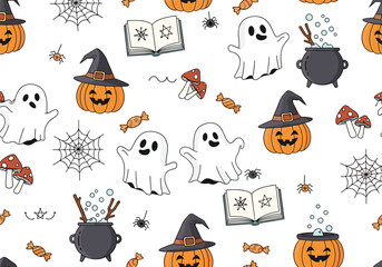 Spooky halloween ghost pumpkin witch hat cauldron cobweb treat candy party decorative pattern