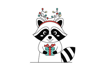 Adorable raccoon character wearing festive antlers holding a wrapped gift box with a bow and ribbons cute christmas animal illustration