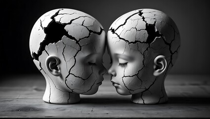 Black and white cracked child mannequin heads touching