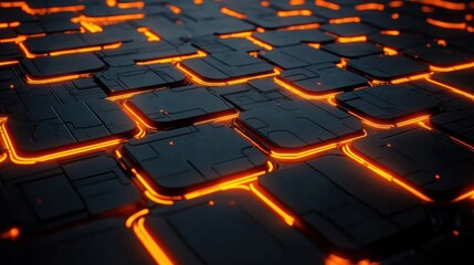 Obraz premium Close-up of futuristic black interlocking tiles with glowing orange seams creating a high-tech digital pattern