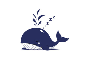 Whimsical sleeping whale blowing water with peaceful zzzs above its head nautical ocean animal design