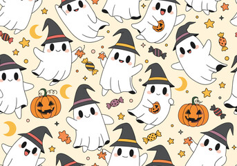 Cute adorable ghosts wearing witch hats and holding pumpkins this halloween season illustration