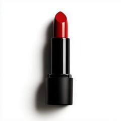 A vibrant red lipstick stands upright on a clean white surface, ready for application