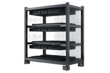 Server rack displaying multiple servers in a transparent and minimalistic design, showcasing an organized setup ideal for data management and networking in modern IT environments