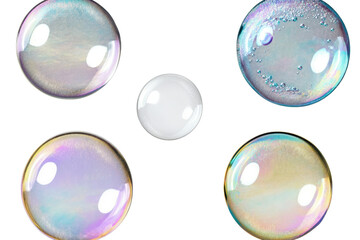 Collection of colorful soap bubbles isolated on a transparent background showcasing varying sizes and reflections in natural light