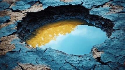 reflection of blue sky and yellow foliage in a water puddle surrounded by cracked dry earth