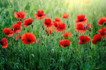 Fototapeta premium Vibrant red poppies blooming in a lush green meadow with sunlight creating a serene and peaceful atmosphere