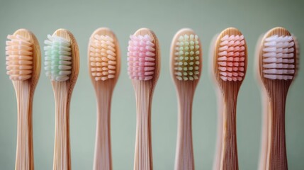 Close-up of seven bamboo toothbrushes with various colored bristles arranged in a row against a soft green background conveying natural and eco-friendly hygiene