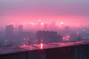city skyline at night with tall buildings glowing through thick pink fog above wet rooftop surface