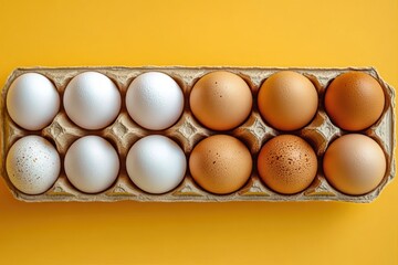 Twelve eggs in a carton arranged in two rows, half white and half brown, with varying speckled patterns on a bright yellow background