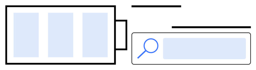 Search bar with magnifying glass, grid layout of three rectangles, and connecting lines. Ideal for web design, user interface, search optimization, navigation, digital tools, filtering simple