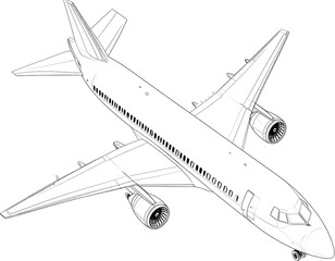 Modern Passenger Jet Airplane Blueprint Line Drawing.