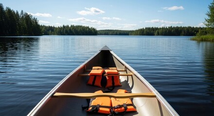 Canoe on serene lake, life vests inside