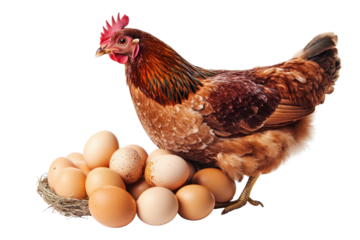 Hen standing proudly beside freshly laid eggs on a white background, showcasing nature's bounty and agricultural life in a serene setting