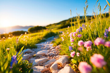 Obraz premium Gravel path through grassy fields at sunset peaceful rural landscape nature