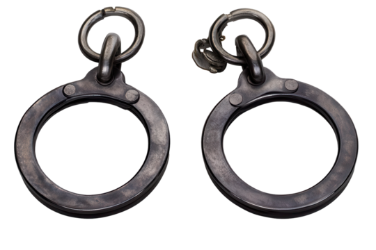 Handcuffs displayed isolated on transparent background creating a stark appearance suitable for various design uses and legal illustrations