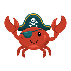 A cartoon illustration of a red crab wearing a dark teal pirate hat with a white skull and crossbones symbol. The crab has a happy expression with a curved smile and small black dot eyes. © Erkan
