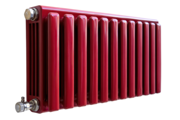 Heating radiator isolated on a transparent background showcasing a classic design with vertical fins and a deep red finish suitable for modern and traditional interiors