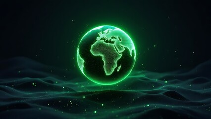 Futuristic glowing earth globe made of green dots over particle field in dark background, symbolizing technology, data, and global connection