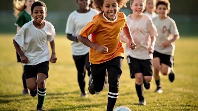 Low-angle video still of joyful kids playing soccer, highlighting teamwork and energy on a sunny field. Focus on the child in the orange shirt.