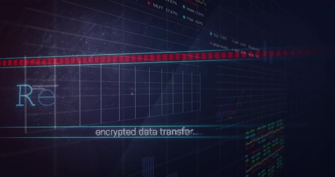 Grid animating red blocks scanning text forming Receiving encrypted transfer pulsing chart updating