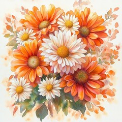 Fototapeta premium A vibrant bouquet of orange and white daisies with lush green leaves in a watercolor style, evoking warmth and natural beauty