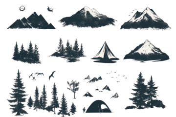 Exploring nature through outdoor camping and hiking illustrations featuring diverse mountain landscapes and lush forests