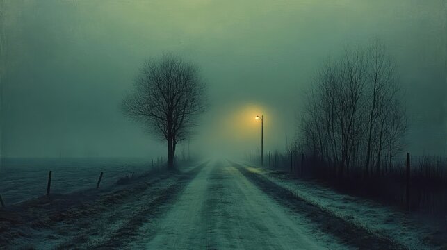 Foggy rural road at dusk with bare trees and a single glowing streetlight casting soft warm light in a misty, eerie atmosphere
