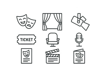 Theater icons: comedy tragedy masks, curtains, tickets, seats, microphone, playbill