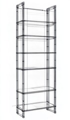Transparent wireframe 3D model of a tall six-shelf storage unit with rectangular shelves and vertical supports