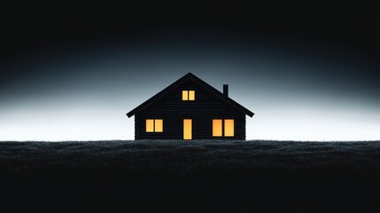 Dark silhouette of a solitary house illuminated from within at dusk surrounded by tall grass under a dramatic sky