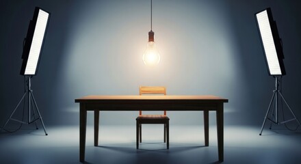 Empty wooden table and chair, lit by studio lights