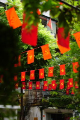 Hanging Vietnamese national flag displayed to celebrate the 80th anniversary of Vietnam National Day, September 2, 2025, marking the historic milestone with the A80 military parade in Hanoi
