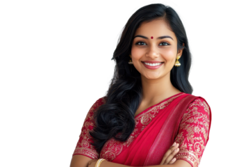 Portrait of a joyful beautiful Indian woman in a traditional red saree, showcasing elegance and happiness in a serene indoor setting during daylight hours